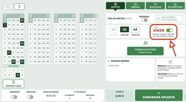Casilla para activar el Joker al jugar a La Primitiva en la web de El Cachirulo